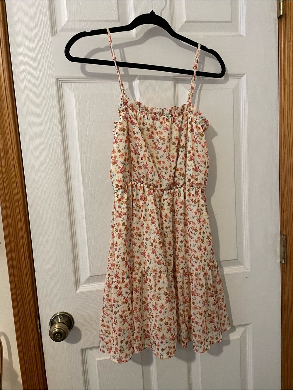 Floral Spaghetti-Strap Juniors Dress - Cream with Pink/Coral Flowers